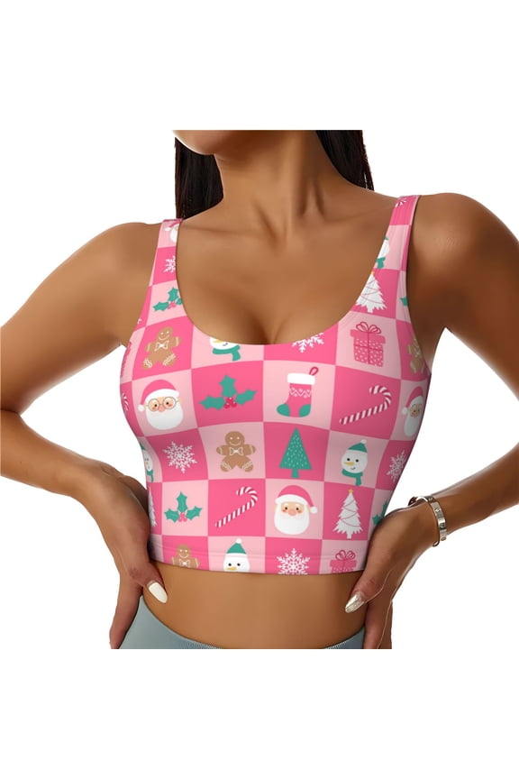 Pink Christmas Cheer Sports Bras for Women,Sports Bras for Women High Support with Removable Pads-Large
