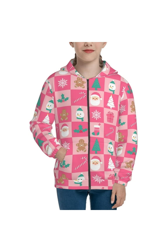 Pink Christmas Cheer Teenage Zipper Hoodie, Long Sleeve Zip Up Hoodies Casual Jackets Tops for 7-12 Years-Small