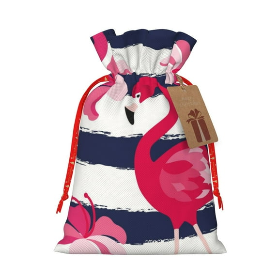 Naloa Pink Flamingos Drawstring Christmas Bags, 3D Xmas Gift Bags, Christmas Wrapping Bags, Xmas Goodie Bags, Treat Pouch Bags, Party Favor Bags-Small