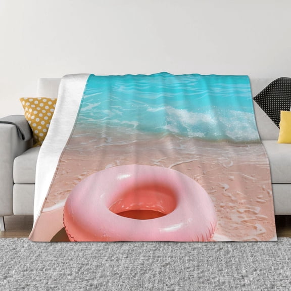 Naloa Pink Float Ring On Beach Flannel Fleece Throw Blanket for Bed Couch, Thick Blanket - All Seasons Suitable for Women, Men and Kids-40"x30"