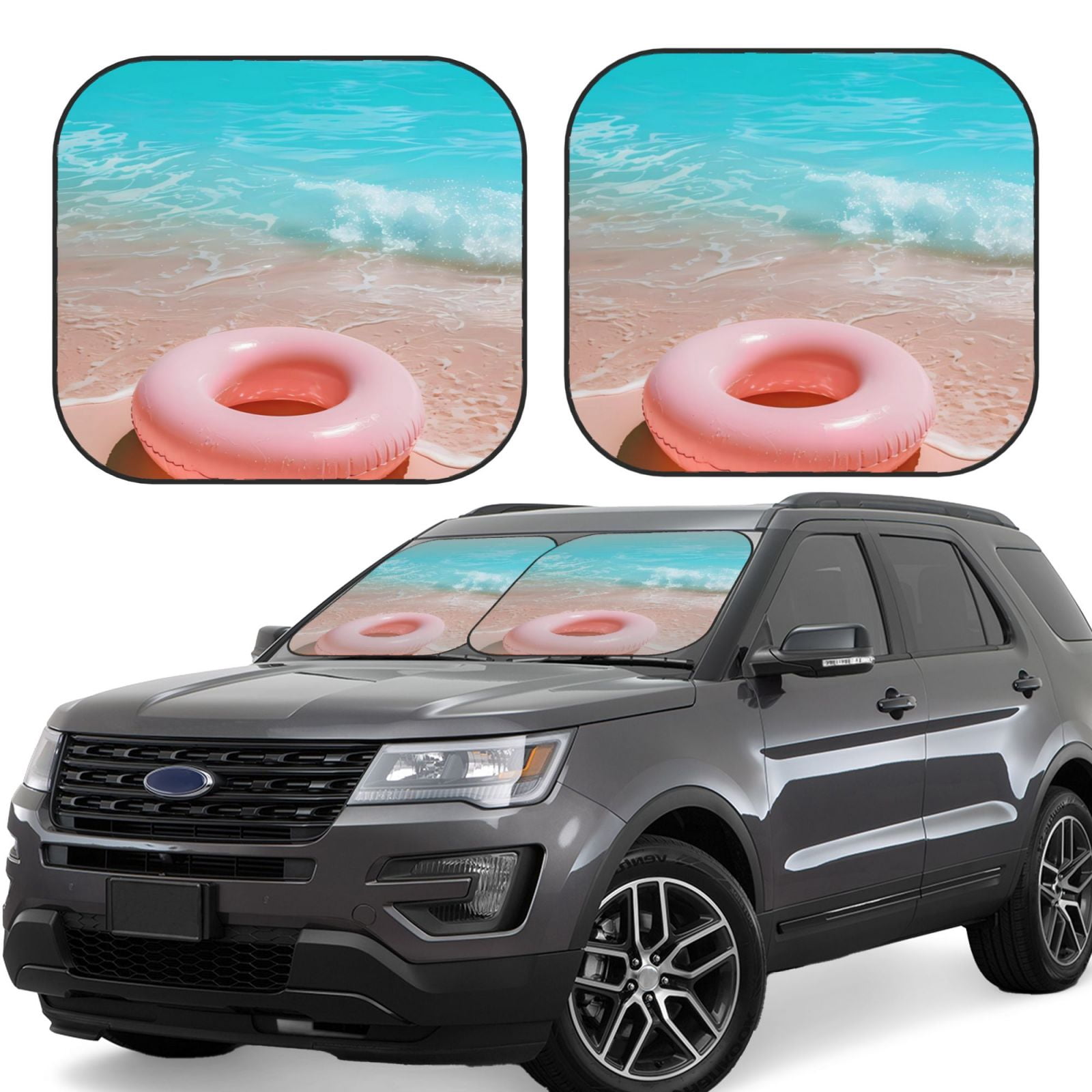 Naloa Pink Float Ring On Beach Print 2-Piece Windshield Sunshade ...