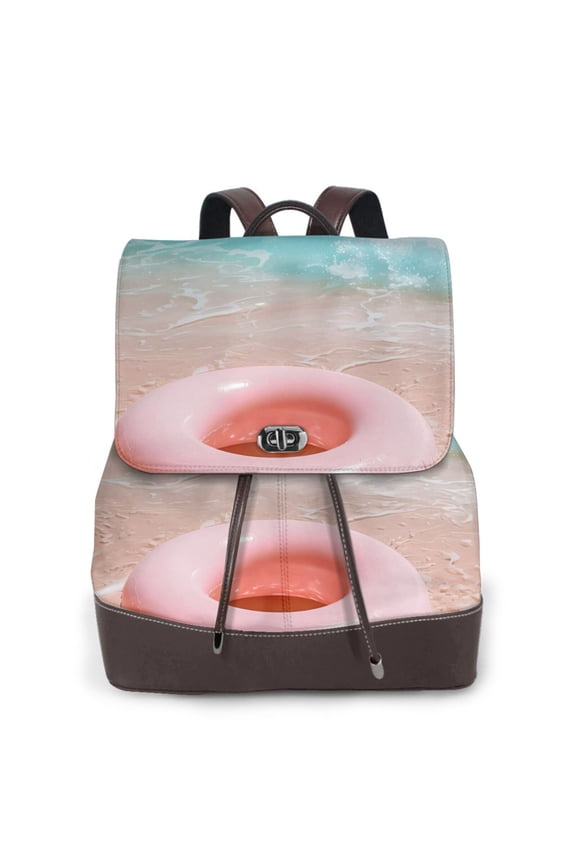Pink Float Ring On Beach Print Women's Leather Backpack,Travel Laptop Backpack,Fashion Ladies Leather Backpack Bag for Travel,Leather Drawstring Daypack for Me