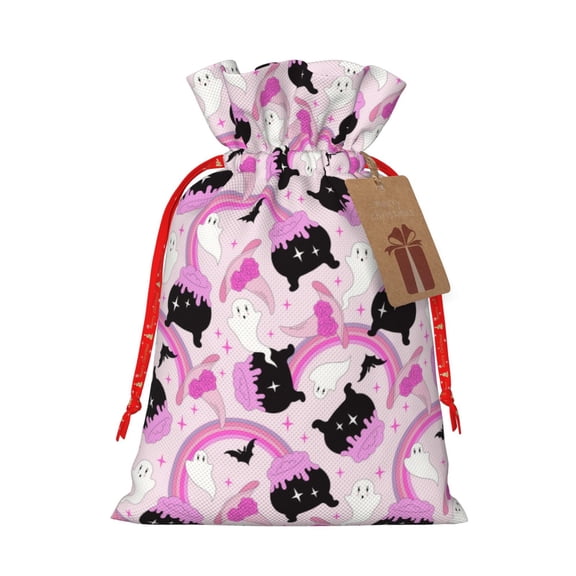 Naloa Pink Girl Halloween Drawstring Christmas Bags, 3D Xmas Gift Bags, Christmas Wrapping Bags, Xmas Goodie Bags, Treat Pouch Bags, Party Favor Bags-Small