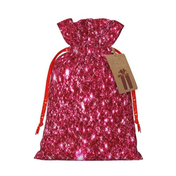 Naloa Pink Glitter Drawstring Christmas Bags, 3D Xmas Gift Bags, Christmas Wrapping Bags, Xmas Goodie Bags, Treat Pouch Bags, Party Favor Bags-Medium
