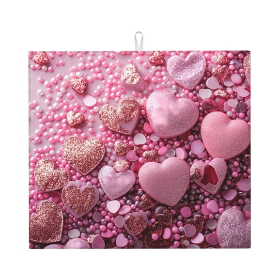 Naloa Pink Glitter Heart Candy Dish Drying Mat for Kitchen Counter, Heat Resistant Drainer Mats, Absorbent Draining Mat,Dish Rack Pad,16"x18"