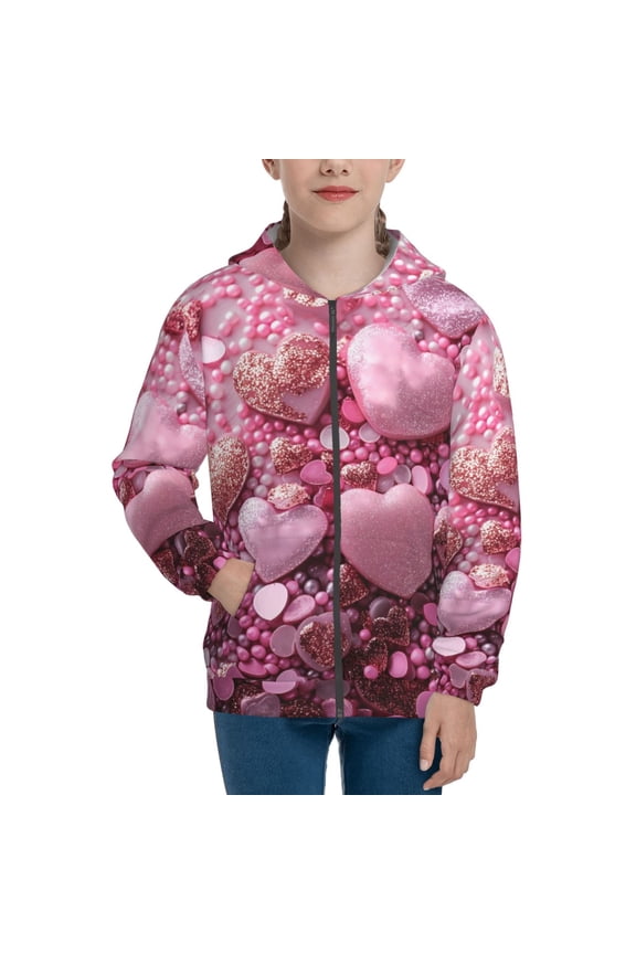 Pink Glitter Heart Candy Teenage Zipper Hoodie, Long Sleeve Zip Up Hoodies Casual Jackets Tops for 7-12 Years-Small