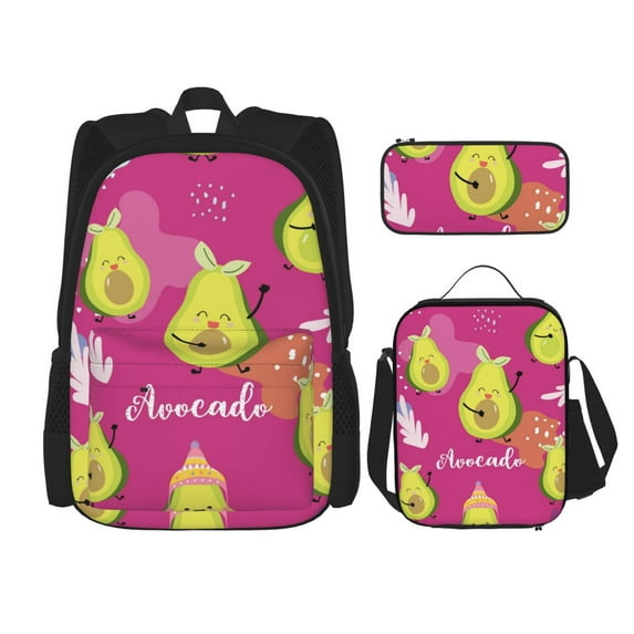 Naloa Pink Green Avocado Print Large Capacity Backpack Lunch Bag Pencil Case Combination 3 Piece Set for Student