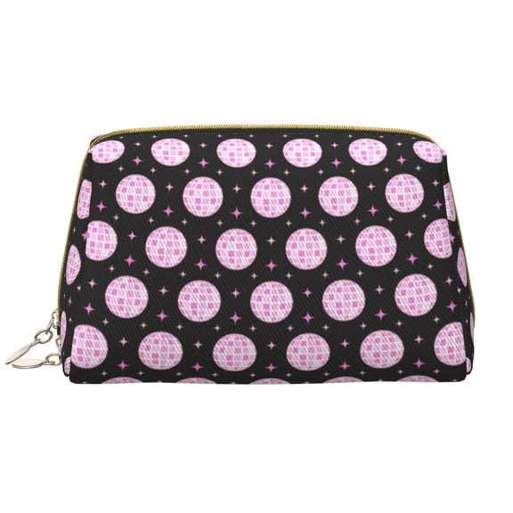 Naloa Pink Groovy Disco Ball Leather Makeup Bag for Purse Travel, Portable Small Cosmetic Organizer for Women and Girls, Make up Bag with Zipper