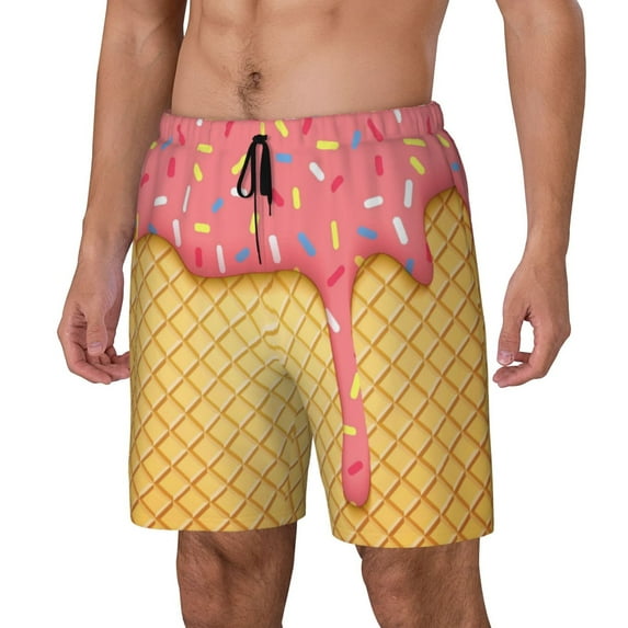 Naloa Pink Ice Cream Print Men Swim Trunks with Compression Liner ,Board Shorts,Men's Swim Shorts with Drawstring and Elastic Waistband-Large
