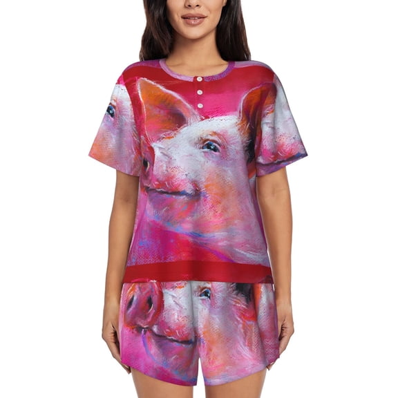 Naloa Pink Pig Women's Short-Sleeved Pajama Set, Loungewear, Summer pajamas, Breathable Cozy - Medium
