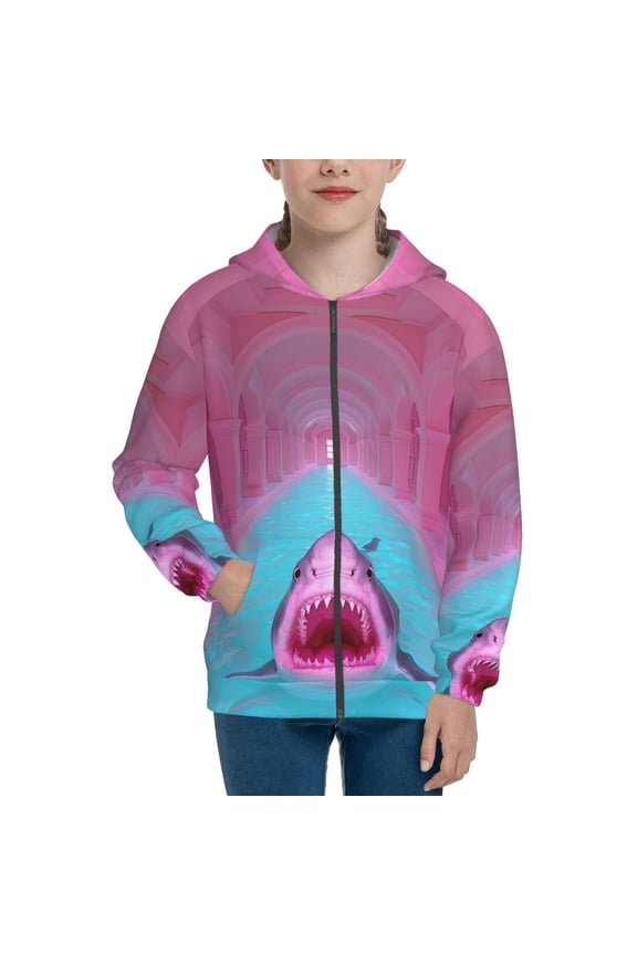 Pink Shark Pool Fantasy Teenage Zipper Hoodie, Long Sleeve Zip Up Hoodies Casual Jackets Tops for 7-12 Years-Medium