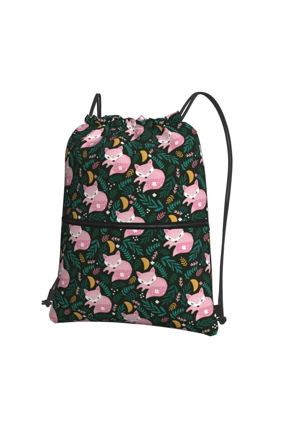 Pink Sleeping Fox Drawstring Backpack String Bag Cinch Water Resistant for Gym Shopping Sport Yoga