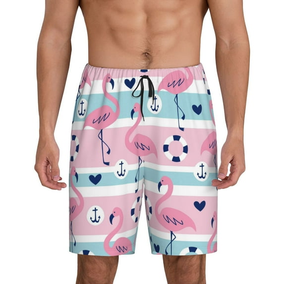 Naloa Pink Striped Flamingo Men's Short Pajama Pants, Lounge Comfort Shorts with Elasticized Waistband and Side Pockets - 3X-Large