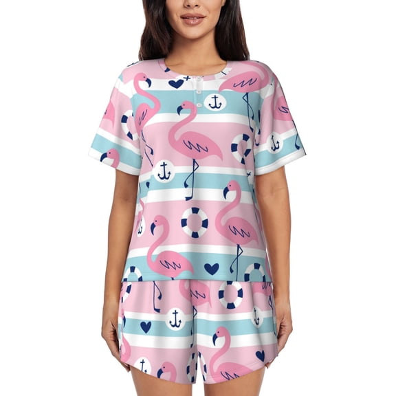 Naloa Pink Striped Flamingo Women's Short-Sleeved Pajama Set, Loungewear, Summer pajamas, Breathable Cozy - Large