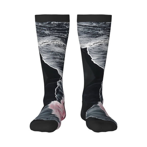 Naloa Pink White Ocean Waves Knee Socks, High Socks Long Stretchy Sock Women Knee High Stocking, Long Socks for Women