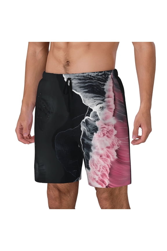 Pink White Ocean Waves Print Men Swim Trunks with Compression Liner ,Board Shorts,Men's Swim Shorts with Drawstring and Elastic Waistband-XX-Large