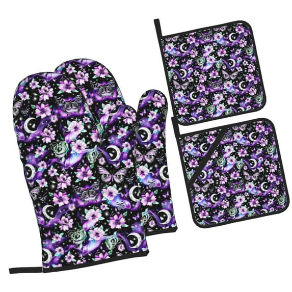 Naloa Pink purple rainbow flower butterfly Oven Mitts and Pot Holders 4 pcs Set, Cooking Baking Grilling Kitchen Oven Glove for Cooking