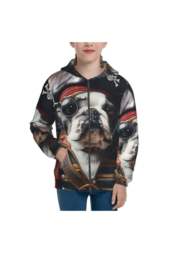 Pirate Bulldog On Deck Teenage Zipper Hoodie, Long Sleeve Zip Up Hoodies Casual Jackets Tops for 7-12 Years-Small