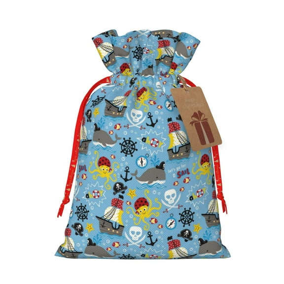 Naloa Pirate Marine Animals Drawstring Christmas Bags, 3D Xmas Gift Bags, Christmas Wrapping Bags, Xmas Goodie Bags, Treat Pouch Bags, Party Favor Bags-Medium