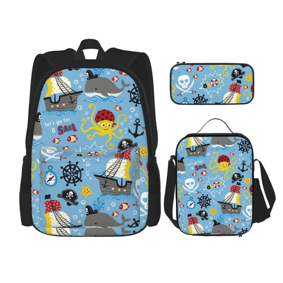 Naloa Pirate Marine Animals Print Large Capacity Backpack Lunch Bag Pencil Case Combination 3 Piece Set for Student