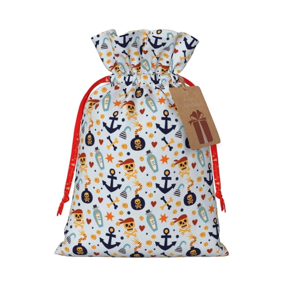 Naloa Pirate Skull And Anchor Drawstring Christmas Bags, 3D Xmas Gift Bags, Christmas Wrapping Bags, Xmas Goodie Bags, Treat Pouch Bags, Party Favor Bags-Medium