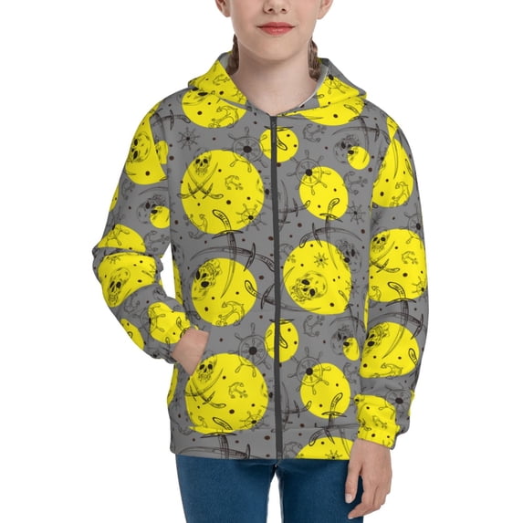 Naloa Pirate Skulls Teenage Zipper Hoodie, Long Sleeve Zip Up Hoodies Casual Jackets Tops for 7-12 Years-Medium
