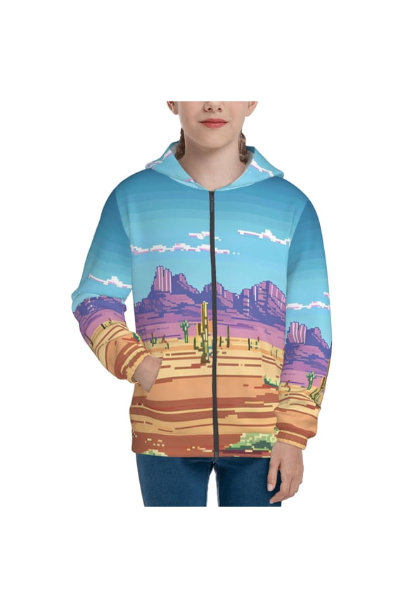 Pixel Desert Landscape Teenage Zipper Hoodie, Long Sleeve Zip Up Hoodies Casual Jackets Tops for 7-12 Years-Medium