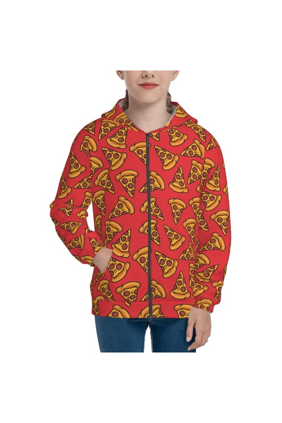 Pizza Cartoon Teenage Zipper Hoodie, Long Sleeve Zip Up Hoodies Casual Jackets Tops for 7-12 Years-Medium