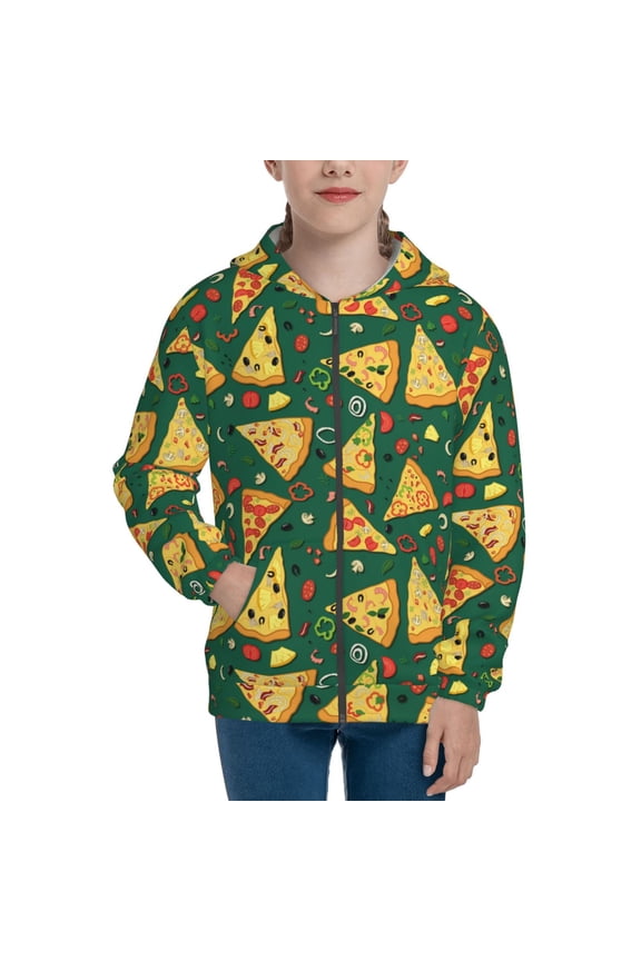 Pizza Teenage Zipper Hoodie, Long Sleeve Zip Up Hoodies Casual Jackets Tops for 7-12 Years-Medium