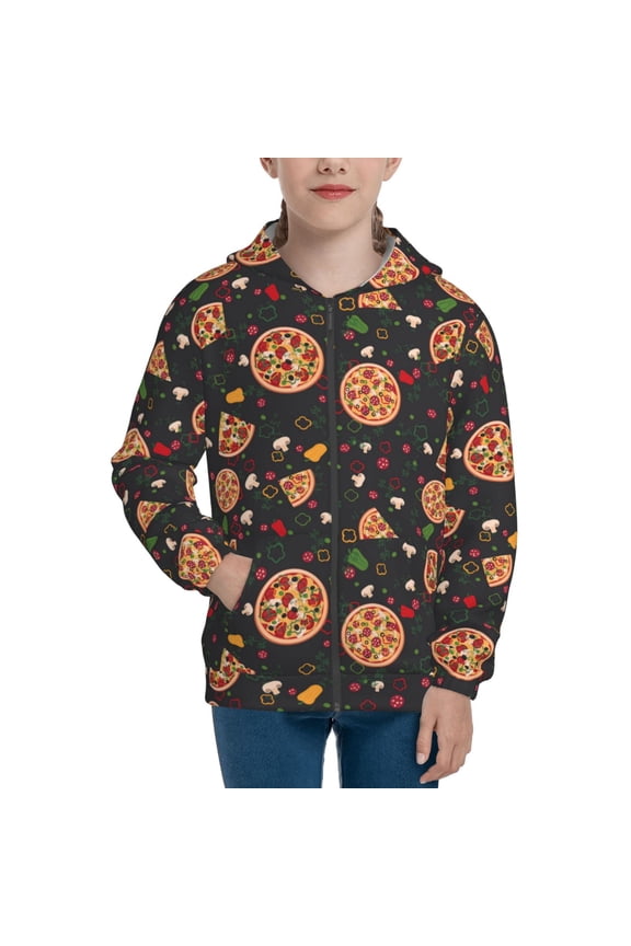 Pizzas Mushrooms Teenage Zipper Hoodie, Long Sleeve Zip Up Hoodies Casual Jackets Tops for 7-12 Years-Medium