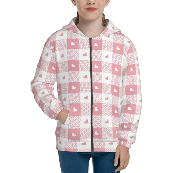 Naloa Plaid Heart Teenage Zipper Hoodie, Long Sleeve Zip Up Hoodies Casual Jackets Tops for 7-12 Years-Small