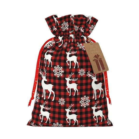 Naloa Plaid Reindeer Snowflakes Drawstring Christmas Bags, 3D Xmas Gift Bags, Christmas Wrapping Bags, Xmas Goodie Bags, Treat Pouch Bags, Party Favor Bags-Medium