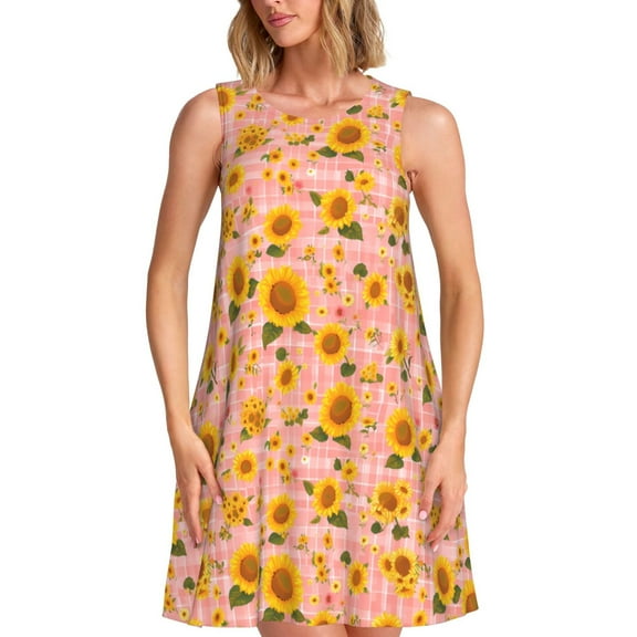 Naloa Plaid Sunflower Print Women's Summer Spring Casual Beach Sundress,Vacation Sleeveless Tank Crewneck Loose Dresses