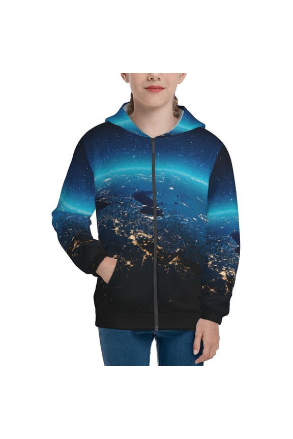 Planet Earth Teenage Zipper Hoodie, Long Sleeve Zip Up Hoodies Casual Jackets Tops for 7-12 Years-Small