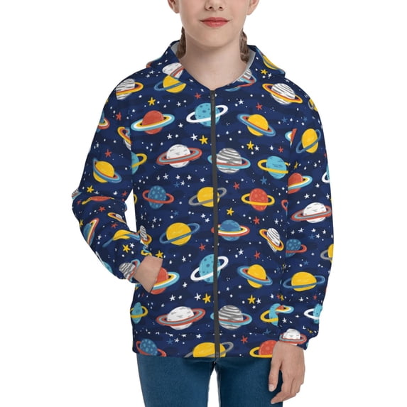 Naloa Planets And Stars Teenage Zipper Hoodie, Long Sleeve Zip Up Hoodies Casual Jackets Tops for 7-12 Years-Small