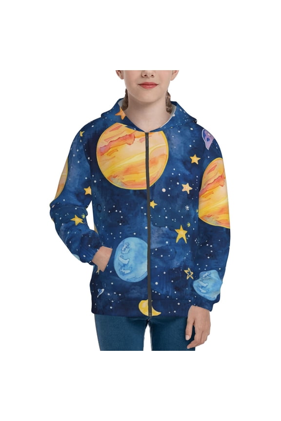 Planets And Stars1 Teenage Zipper Hoodie, Long Sleeve Zip Up Hoodies Casual Jackets Tops for 7-12 Years-Medium