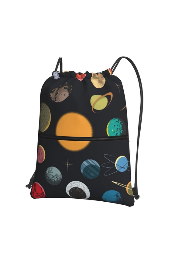 Planets And Their Moons Drawstring Backpack String Bag Cinch Water Resistant for Gym Shopping Sport Yoga