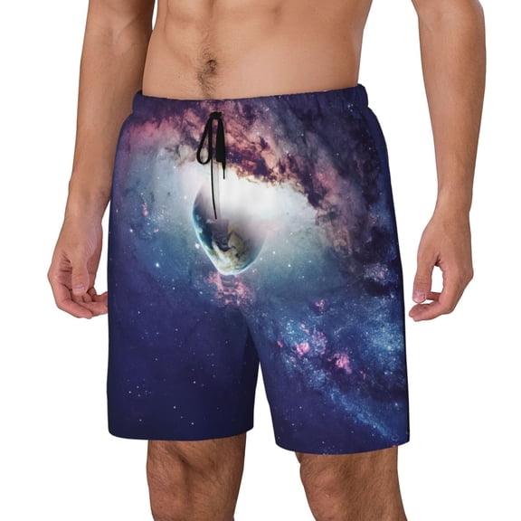 Naloa Planets Stars And Galaxies Print Men Swim Trunks with Compression Liner ,Board Shorts,Men's Swim Shorts with Drawstring and Elastic Waistband-Small