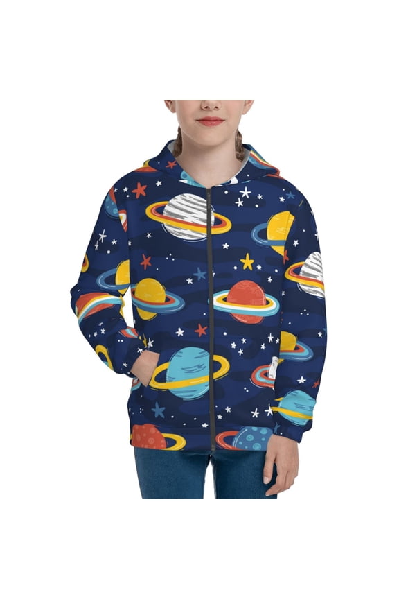 Planets and Stars Teenage Zipper Hoodie, Long Sleeve Zip Up Hoodies Casual Jackets Tops for 7-12 Years-Medium