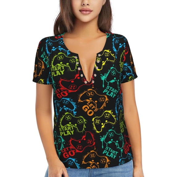 Naloa Play Game Start Print T-Shirts Short Sleeve V Neck Tees for Women Fashion Tops Trendy Lightweight Soft Casual Summer Outfits Clothes