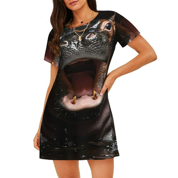 Naloa Playful Baby Hippo Splash Print Women Nightgowns,Womens Loungewear,Short Sleeve Sleepwear,Comfy Ladies Nightdress