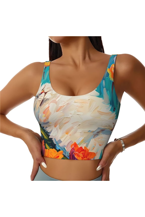 Playful Floral Cat Sports Bras for Women,Sports Bras for Women High Support with Removable Pads-Large