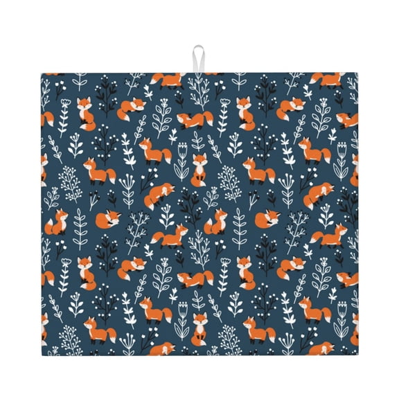 Naloa Playful Foxes Forest Blues Dish Drying Mat for Kitchen Counter, Heat Resistant Drainer Mats, Absorbent Draining Mat,Dish Rack Pad,16"x18"