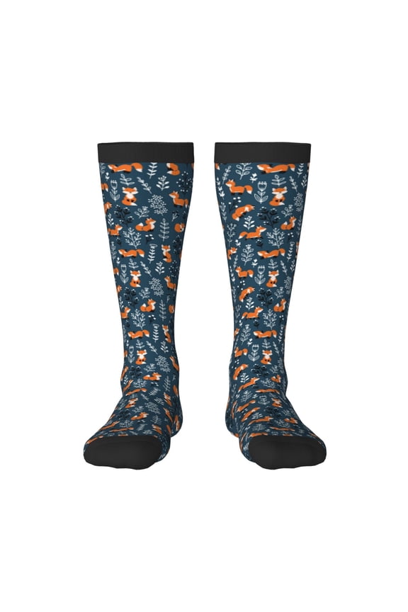 Playful Foxes Forest Blues Knee Socks, High Socks Long Stretchy Sock Women Knee High Stocking, Long Socks for Women