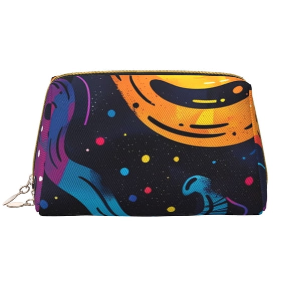 Naloa Playful Ghosts Night Sky Leather Makeup Bag for Purse Travel, Portable Small Cosmetic Organizer for Women and Girls, Make up Bag with Zipper
