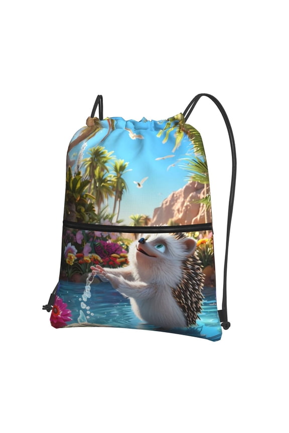 Playful Hedgehog Forest Pond Drawstring Backpack String Bag Cinch Water Resistant for Gym Shopping Sport Yoga