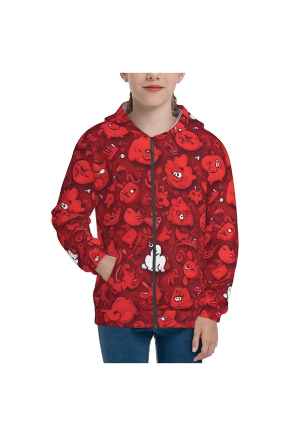 Playful Red Cartoon Faces Teenage Zipper Hoodie, Long Sleeve Zip Up Hoodies Casual Jackets Tops for 7-12 Years-Medium