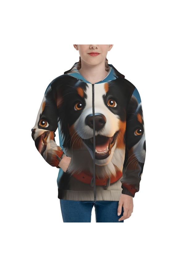Playful Smile Cute Dog Teenage Zipper Hoodie, Long Sleeve Zip Up Hoodies Casual Jackets Tops for 7-12 Years-Medium