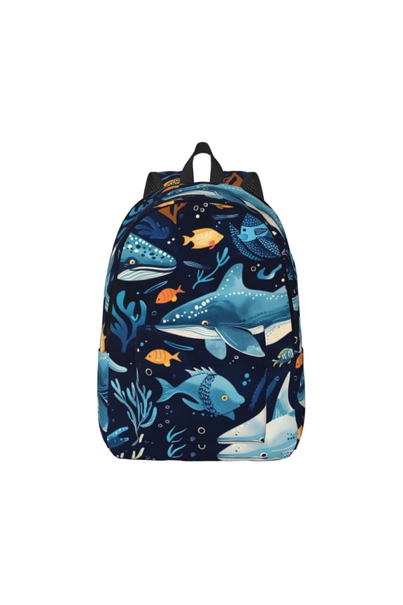 Playful Whales Underwater Scene Canvas Backpack for Men Women Rucksack Casual Travel Daypack College Tote Satchel Bookbag for Teens-Small