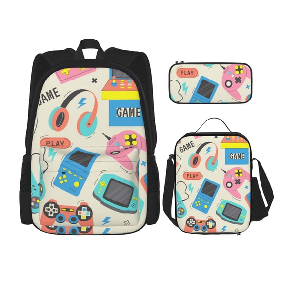 Naloa Playing Video Games Print Large Capacity Backpack Lunch Bag Pencil Case Combination 3 Piece Set for Student